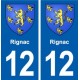 12 Rignac blason ville autocollant plaque sticker