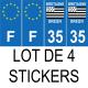 Lot de 4 autocollants bleu 35 ILLE-ET-VILAINE Drapeau Bretagne - F Europe nouvelles régions plaque immatriculation auto sticker