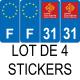 Lot de 4 autocollants bleu 31 HAUTE-GARONNE Occitanie - F Europe nouvelles régions immatriculation auto sticker