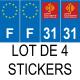 Lot de 4 autocollants bleu 31 HAUTE-GARONNE Occitanie - F Europe nouvelles régions immatriculation auto sticker