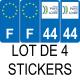 Lot de 4 autocollants bleu 44 LOIRET ATLANTIQUE Pays de la Loire - F Europe nouvelles régions immatriculation auto sticker
